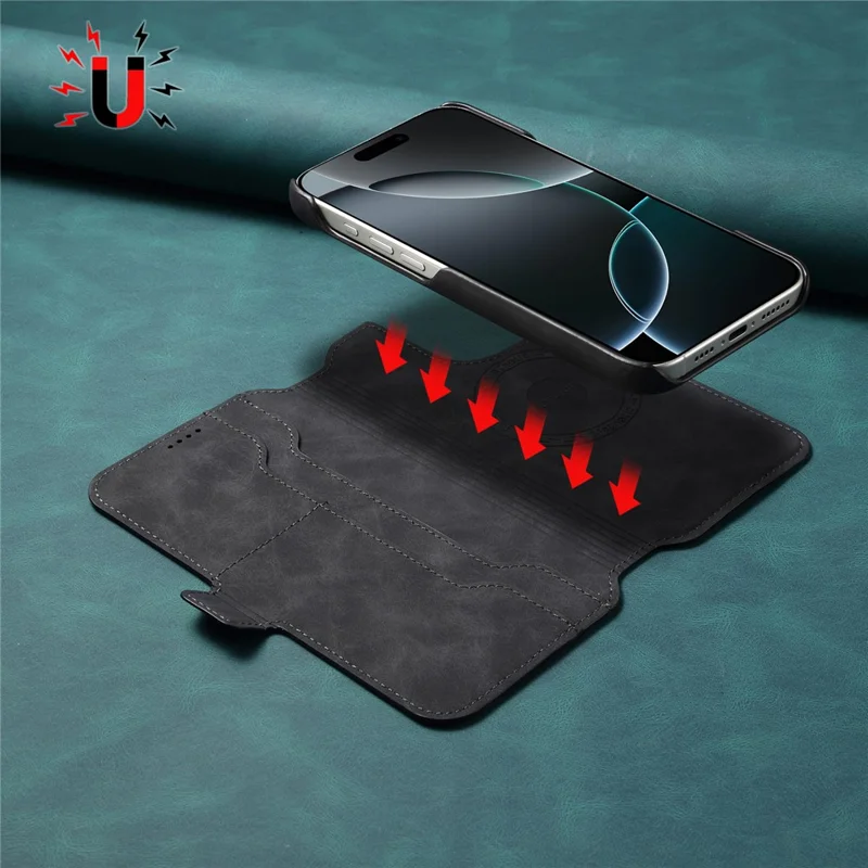 DENIOR B07 For iPhone 16 Case Leather + PC Magnetic Detachable Wallet Phone Cover - Black