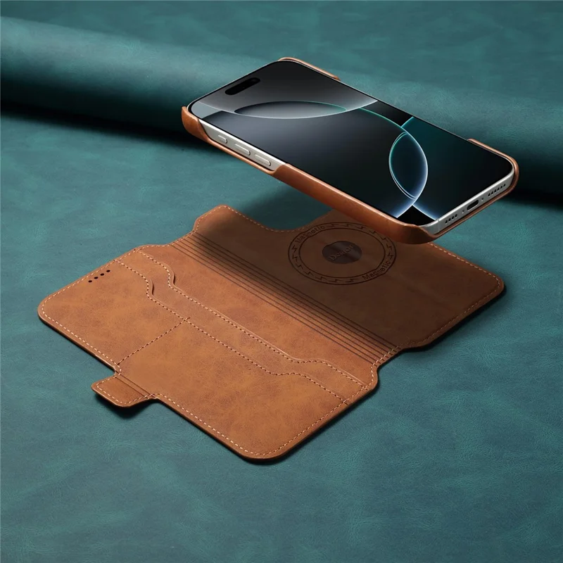 DENIOR B07 For iPhone 16 Pro Case Leather + PC Magnetic Detachable Wallet Phone Cover - Brown