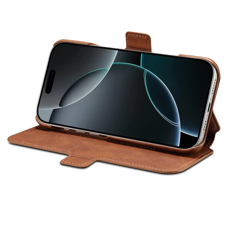 DENIOR B07 For iPhone 16 Plus Case Leather + PC Magnetic Detachable Wallet Phone Cover - Brown