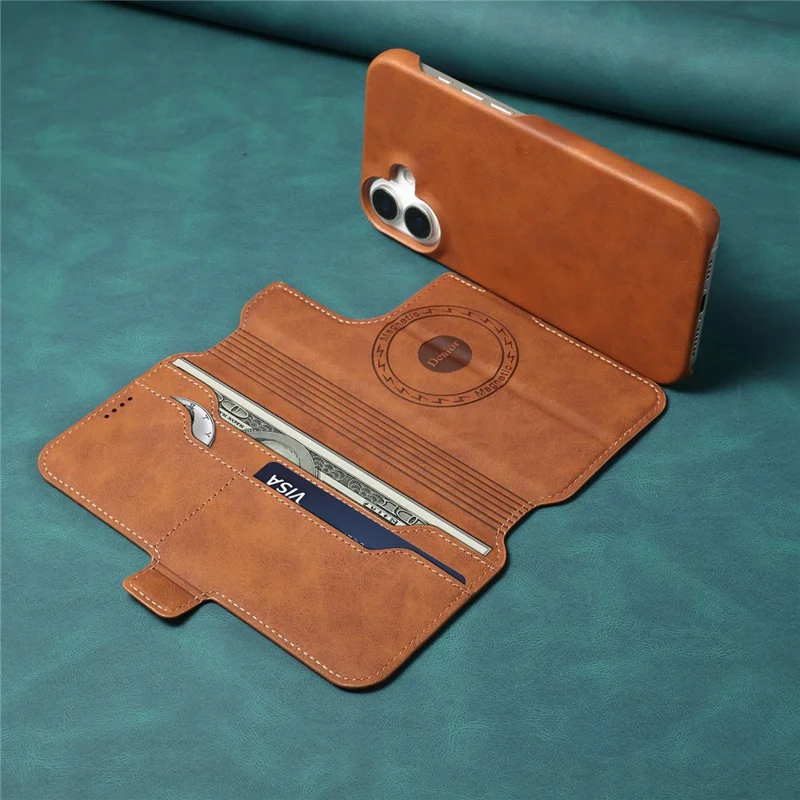 DENIOR B07 For iPhone 16 Plus Case Leather + PC Magnetic Detachable Wallet Phone Cover - Brown