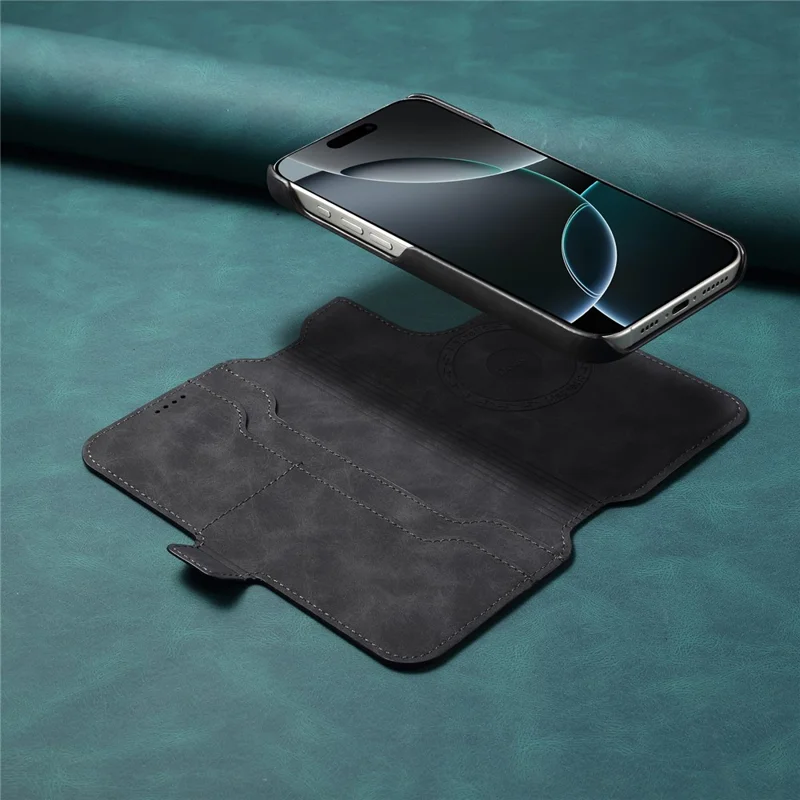 DENIOR B07 For iPhone 16 Pro Max Case Leather + PC Magnetic Detachable Wallet Phone Cover - Black