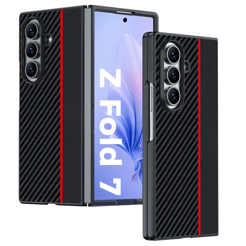 Funda de Samsung Galaxy Z Fold7 5G con Textura de Fibra de Carbono, Cuero + PC Antideslizante, Tapa Plegable para Teléfono - Negro / Rojo