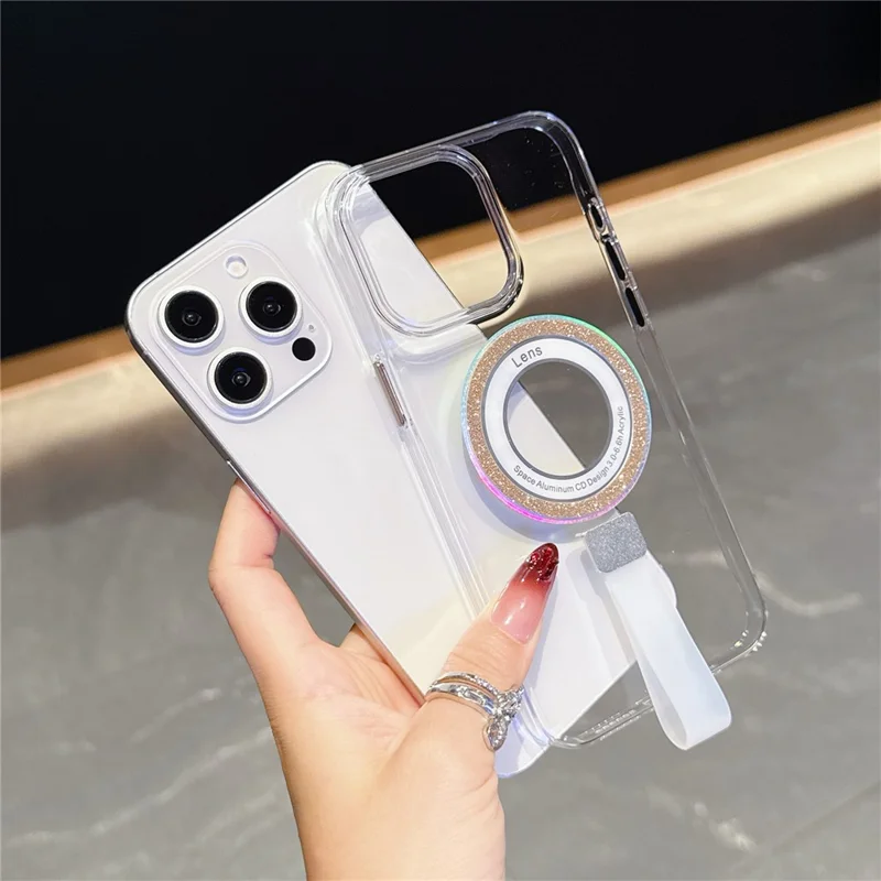 For iPhone 15 Pro Magnetic Case with Handheld Strap Laser Glitter Clear PC Phone Cover - Blue