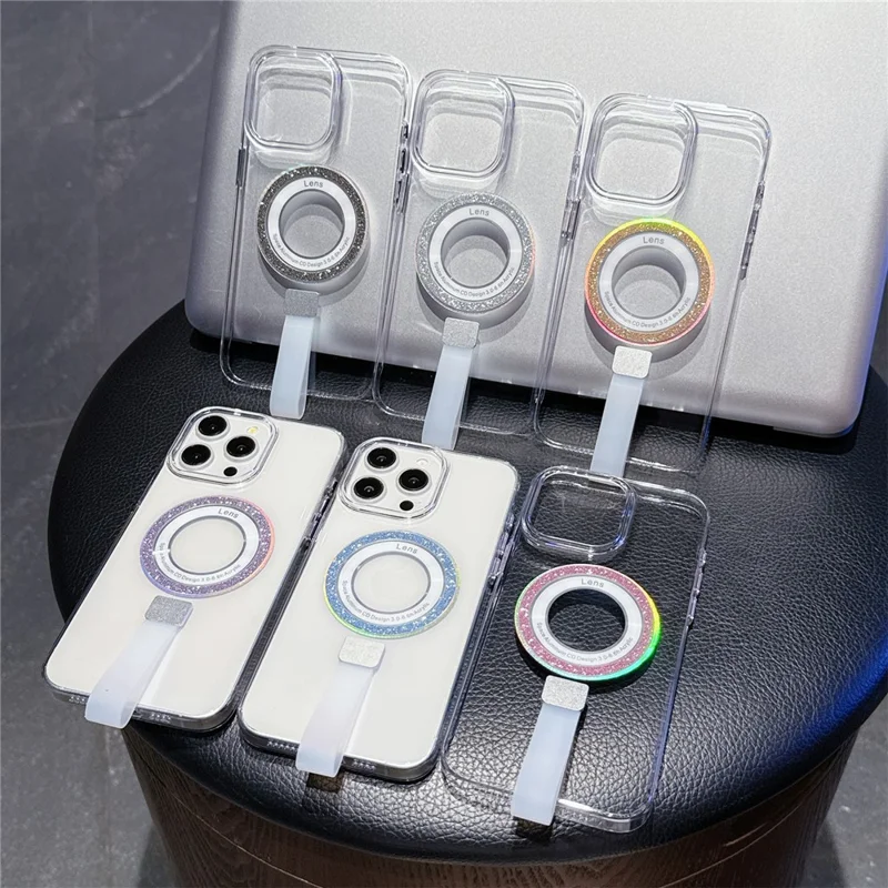 For iPhone 15 Pro Max Magnetic Case with Handheld Strap Laser Glitter Clear PC Phone Cover - Silver