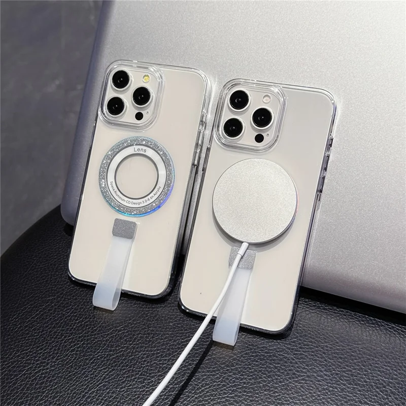 For iPhone 15 Pro Max Magnetic Case with Handheld Strap Laser Glitter Clear PC Phone Cover - Blue