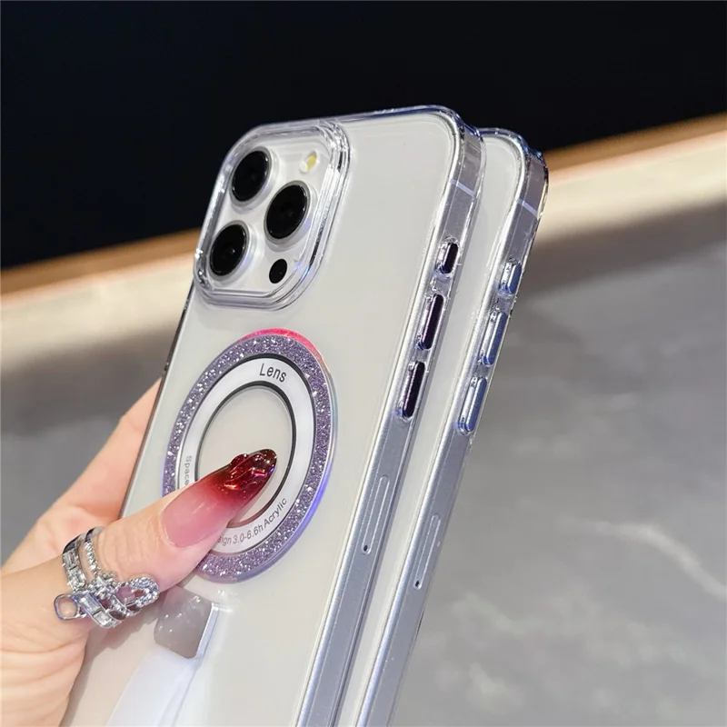 For iPhone 15 Pro Max Magnetic Case with Handheld Strap Laser Glitter Clear PC Phone Cover - Blue