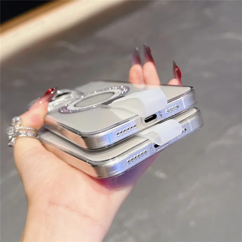 For iPhone 15 Pro Max Magnetic Case with Handheld Strap Laser Glitter Clear PC Phone Cover - Blue