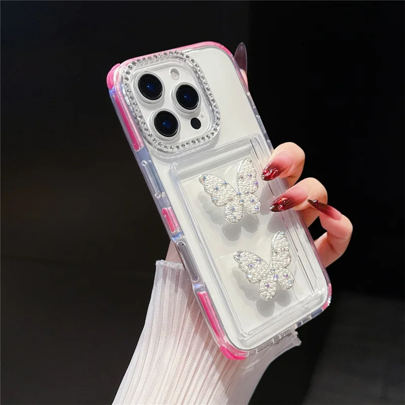 For iPhone 16 Pro Case Rhinestone Decor TPU + PC Phone Cover with Butterfly Card Holder - Rose