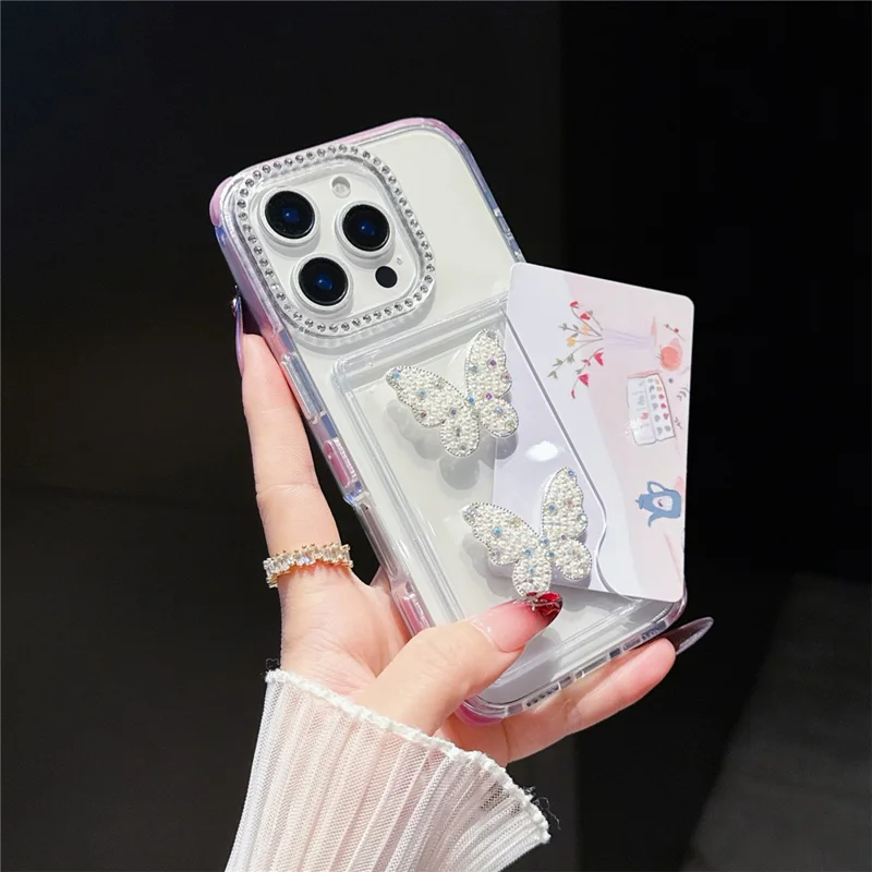 For iPhone 16 Pro Case Rhinestone Decor TPU + PC Phone Cover with Butterfly Card Holder - Rose