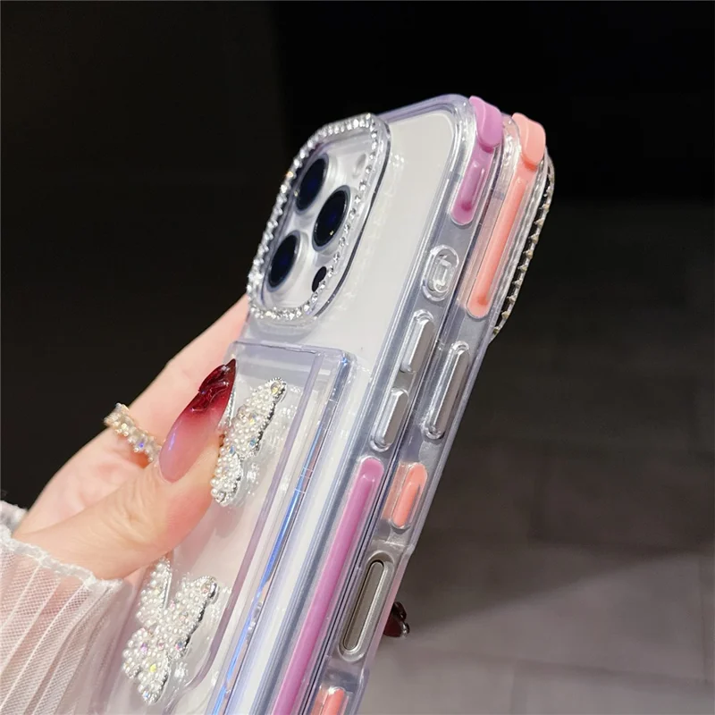 For iPhone 16 Pro Case Rhinestone Decor TPU + PC Phone Cover with Butterfly Card Holder - Rose