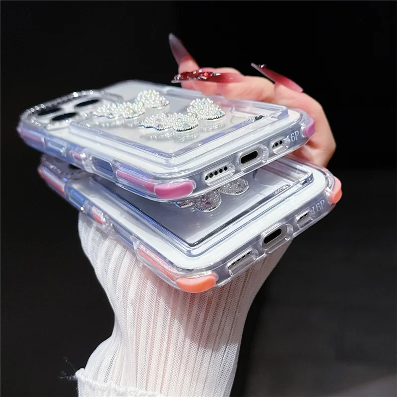 For iPhone 16 Pro Case Rhinestone Decor TPU + PC Phone Cover with Butterfly Card Holder - Rose