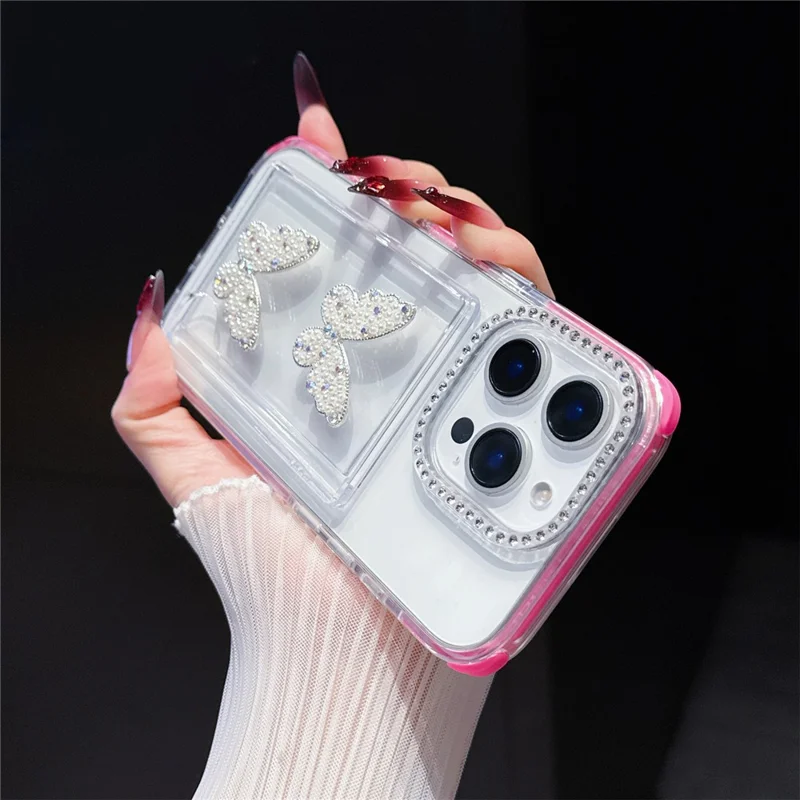 For iPhone 16 Pro Case Rhinestone Decor TPU + PC Phone Cover with Butterfly Card Holder - Rose