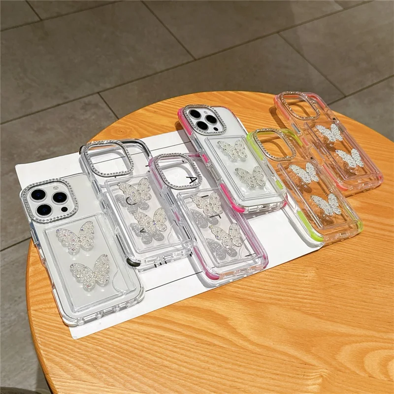 For iPhone 16 Pro Case Rhinestone Decor TPU + PC Phone Cover with Butterfly Card Holder - Rose