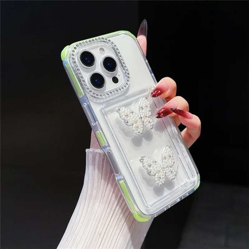For iPhone 16 Pro Max Case Rhinestone Decor TPU + PC Phone Cover with Butterfly Card Holder - Fluorescent Green