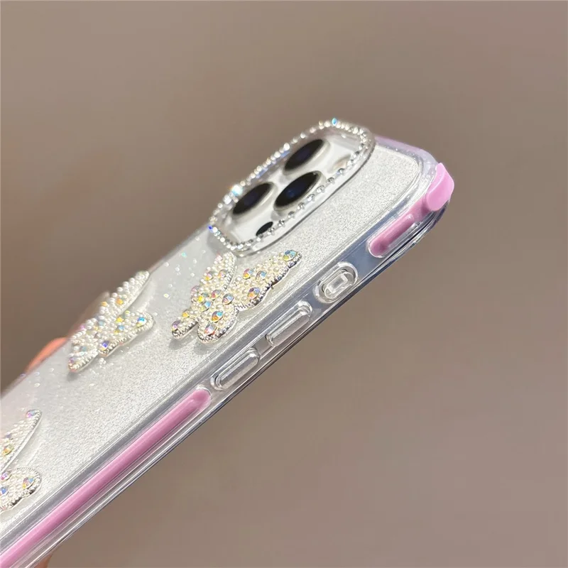 For iPhone 16 Pro Case Glitter Rhinestone Decor Butterfly TPU + PC Phone Case with Beaded Strap - Black
