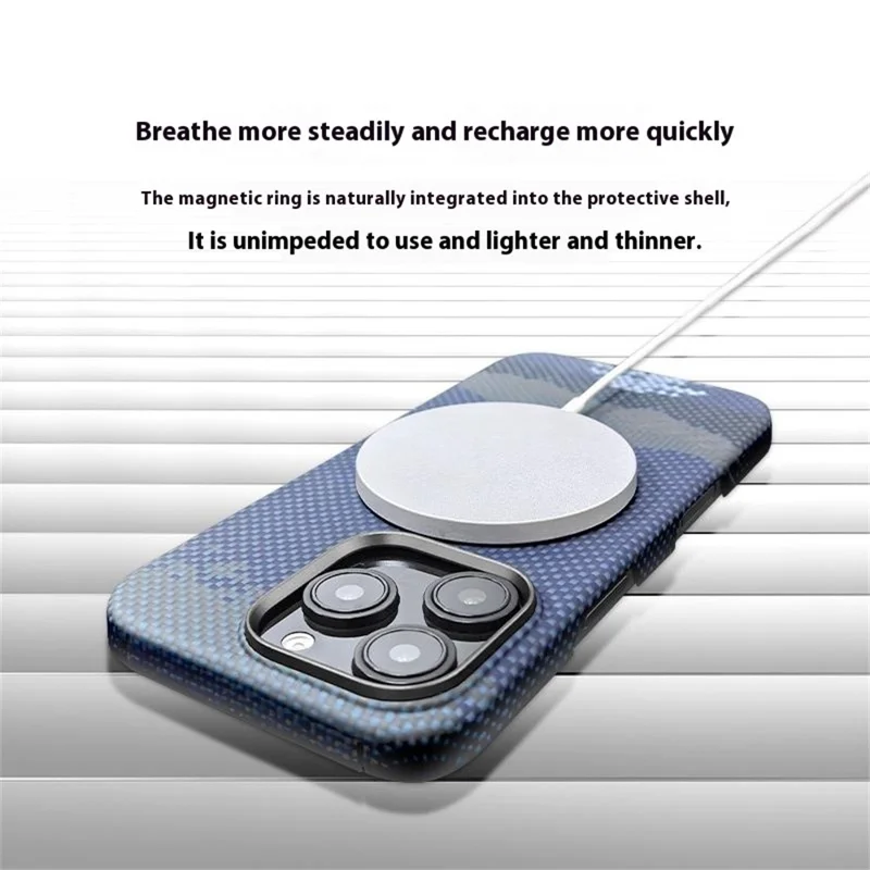For iPhone 15 Pro Max Magnetic Case Precise Cutouts Aramid Fiber Phone Cover with Metal Lens Frame - Moon