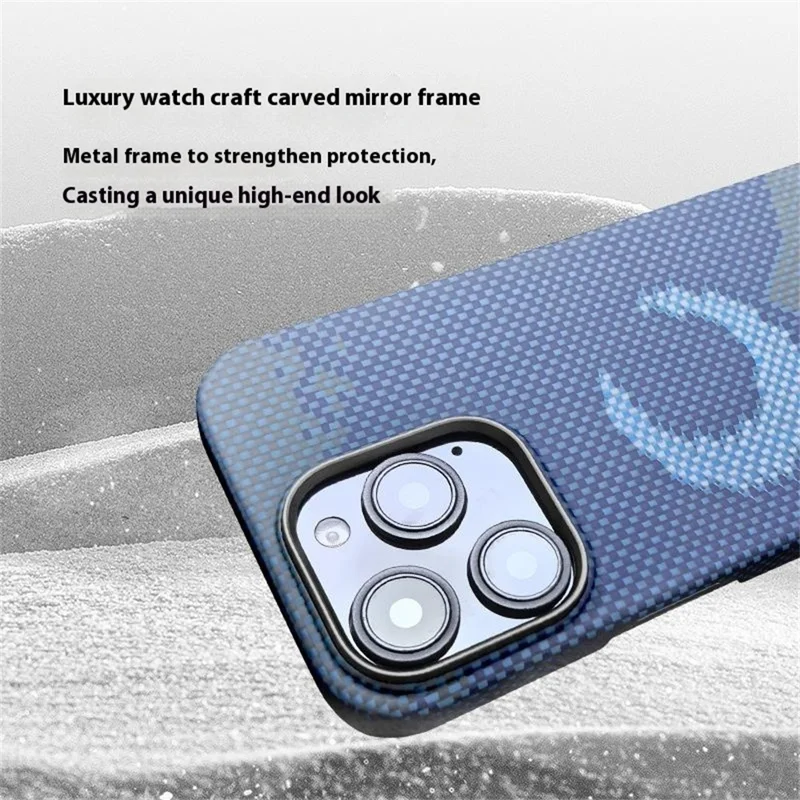 For iPhone 15 Pro Max Magnetic Case Precise Cutouts Aramid Fiber Phone Cover with Metal Lens Frame - Moon
