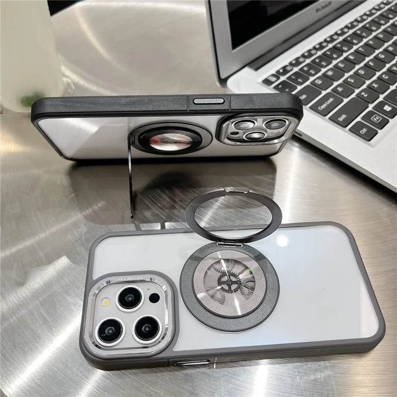 Чехол для iPhone 15 Pro с магнитной поддержкой TPU + акриловой подставкой, дизайн антистресс с элементами механизма - Черный