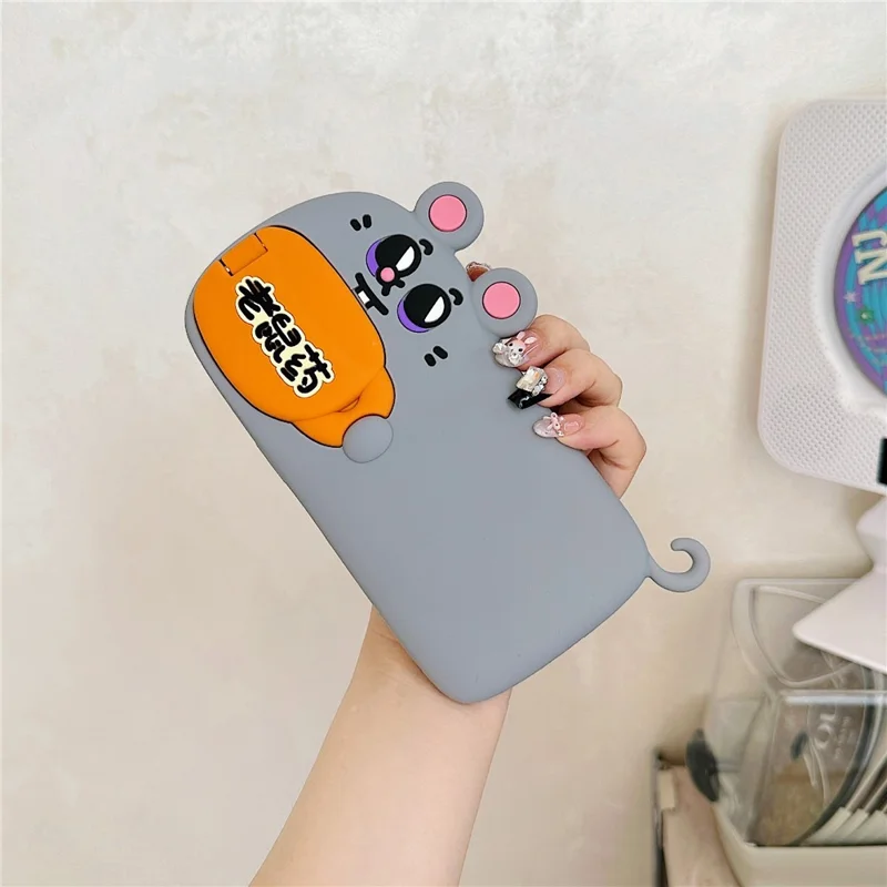 For iPhone 15 Silicone Case Cute Rat and Rat Poison Design Lens Cover Kickstand Phone Back Cover