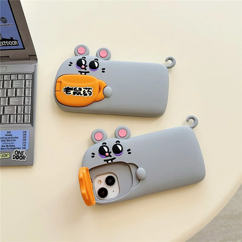 For iPhone 15 Silicone Case Cute Rat and Rat Poison Design Lens Cover Kickstand Phone Back Cover