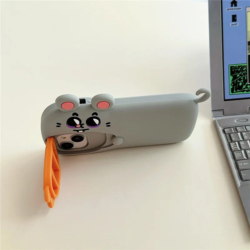 For iPhone 15 Silicone Case Cute Rat and Rat Poison Design Lens Cover Kickstand Phone Back Cover