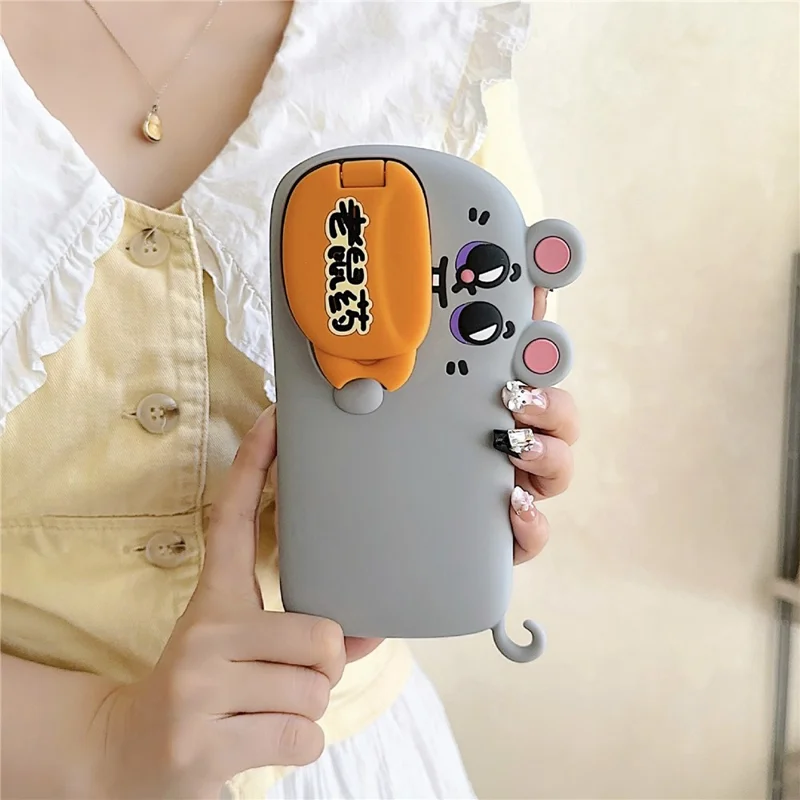 For iPhone 15 Silicone Case Cute Rat and Rat Poison Design Lens Cover Kickstand Phone Back Cover