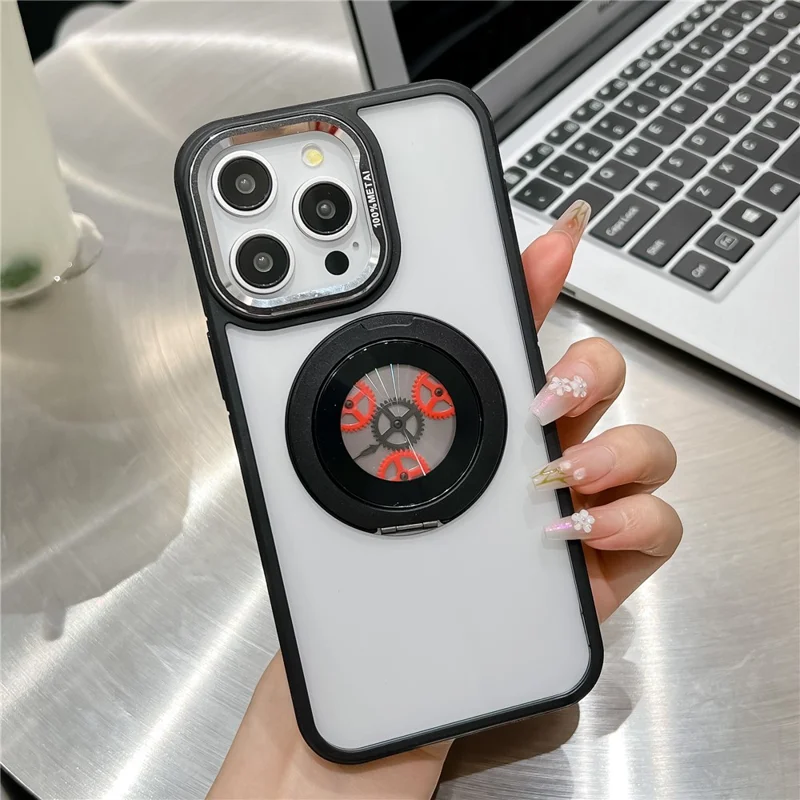 Funda Magnética para iPhone 15 Pro Max TPU + Acrílico con Soporte Plegable, Diseño de Engranaje Antiestrés - Negro
