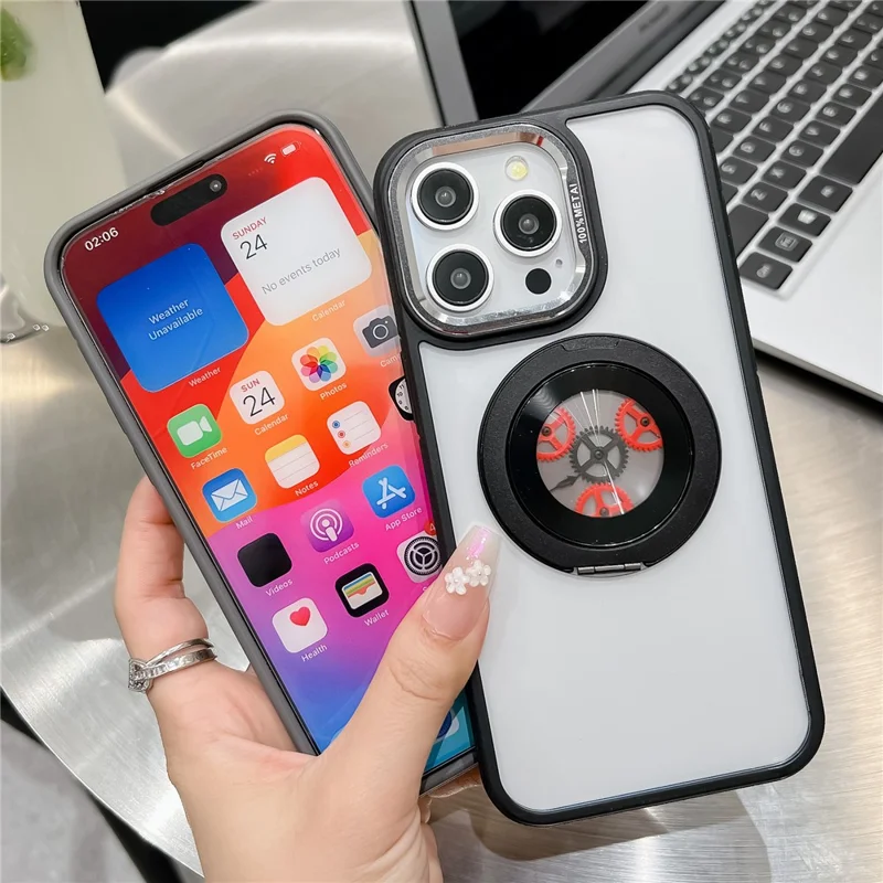 Funda Magnética para iPhone 15 Pro Max TPU + Acrílico con Soporte Plegable, Diseño de Engranaje Antiestrés - Negro