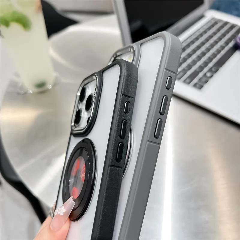 Funda Magnética para iPhone 15 Pro Max TPU + Acrílico con Soporte Plegable, Diseño de Engranaje Antiestrés - Negro