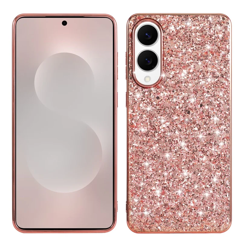 Capa para Samsung Galaxy S25 Edge em TPU + PC com Glitter Brilhante para Parte Traseira do Telefone - Dourado Rosado