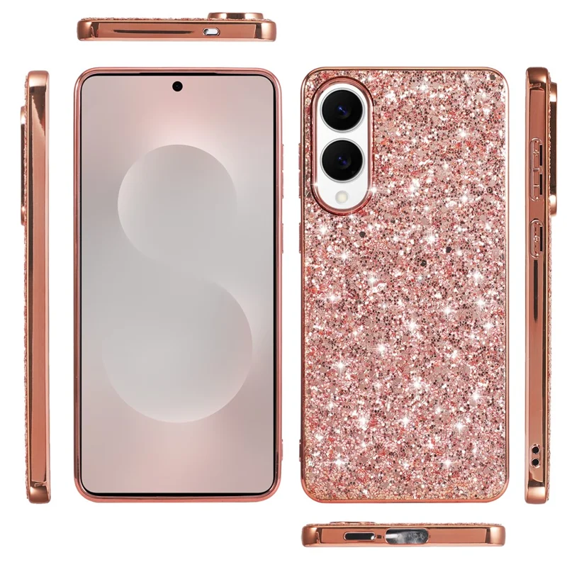 Capa para Samsung Galaxy S25 Edge em TPU + PC com Glitter Brilhante para Parte Traseira do Telefone - Dourado Rosado