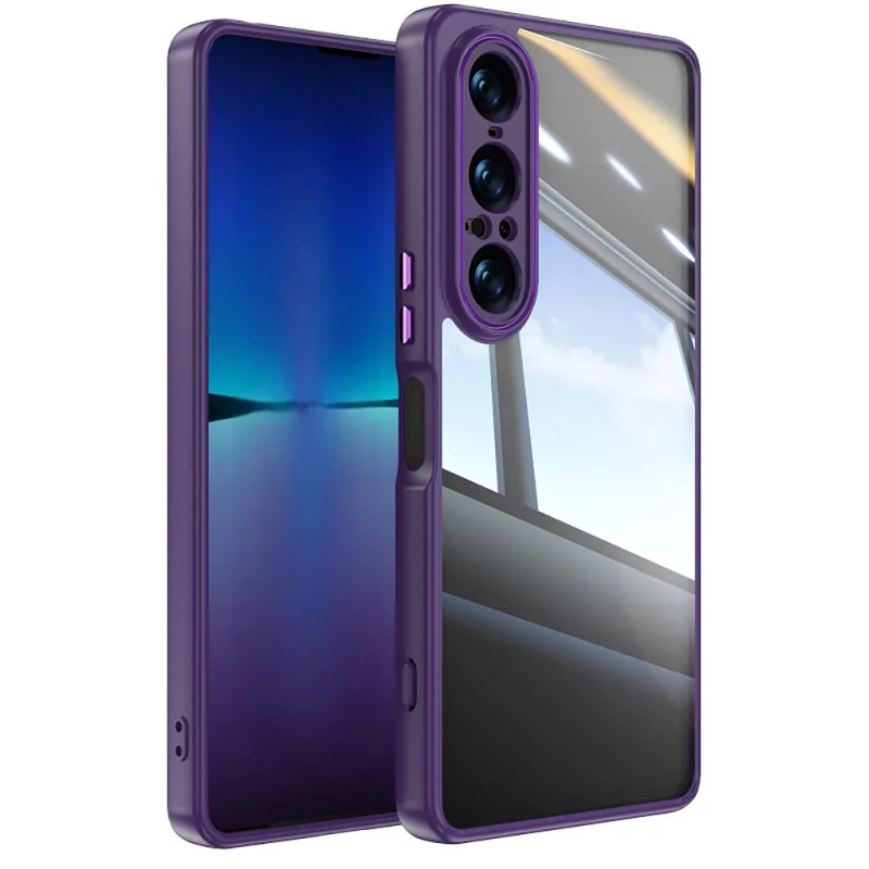 WANLONFENG для Sony Xperia 1 VII Чехол противоударный TPU + PC прозрачный чехол для телефона с металлическими кнопками - Фиолетовый