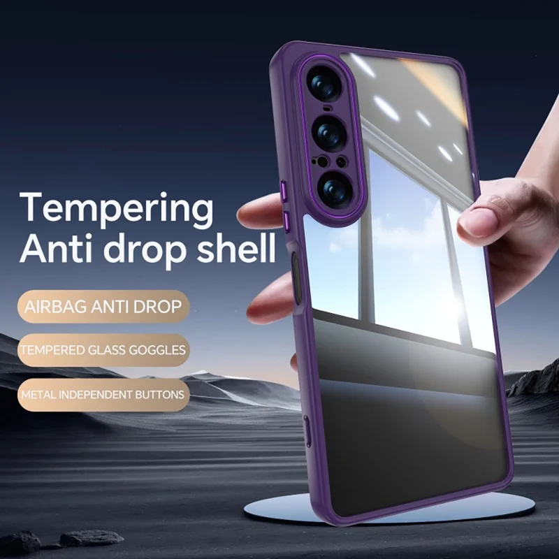 WANLONFENG для Sony Xperia 1 VII Чехол противоударный TPU + PC прозрачный чехол для телефона с металлическими кнопками - Фиолетовый