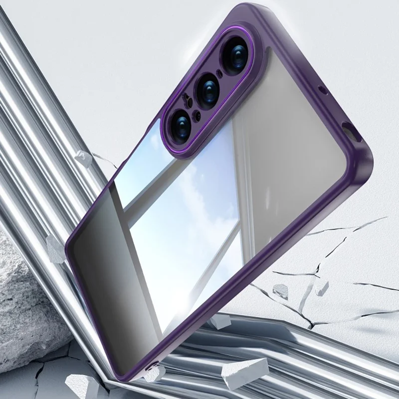 WANLONFENG для Sony Xperia 1 VII Чехол противоударный TPU + PC прозрачный чехол для телефона с металлическими кнопками - Фиолетовый