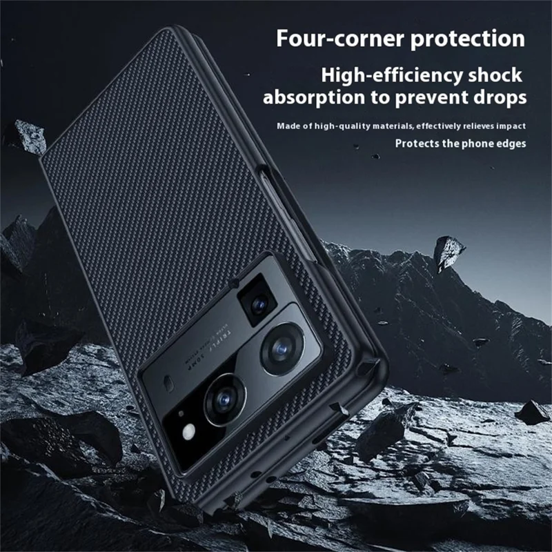 For TECNO Phantom V Fold2 Case Carbon Fiber Texture Leather + PC Anti-Drop Folding Phone Cover - Black