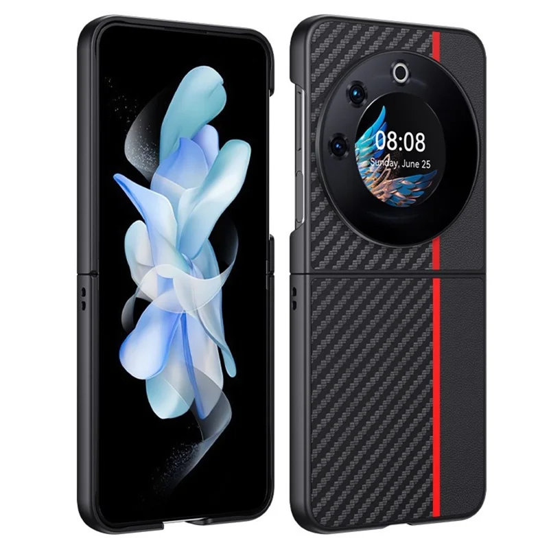 Cover per TECNO Phantom V Flip con Texture in Fibra di Carbonio, Pelle + PC Antiurto Pieghevole - Nero / Rosso