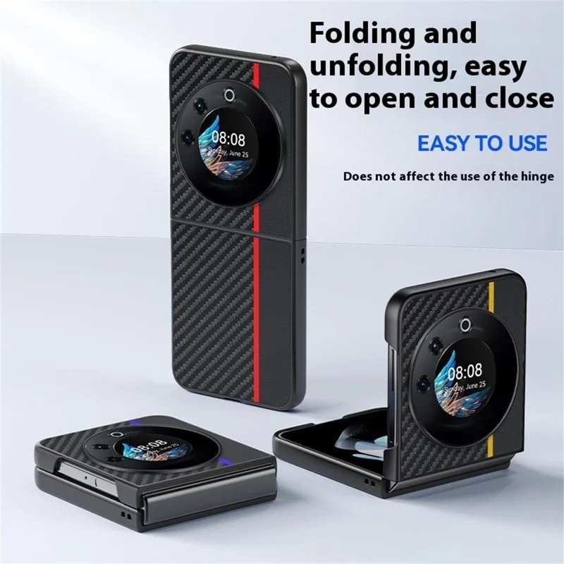 Cover per TECNO Phantom V Flip con Texture in Fibra di Carbonio, Pelle + PC Antiurto Pieghevole - Nero / Rosso