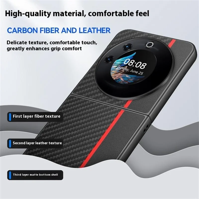 Cover per TECNO Phantom V Flip con Texture in Fibra di Carbonio, Pelle + PC Antiurto Pieghevole - Nero / Rosso