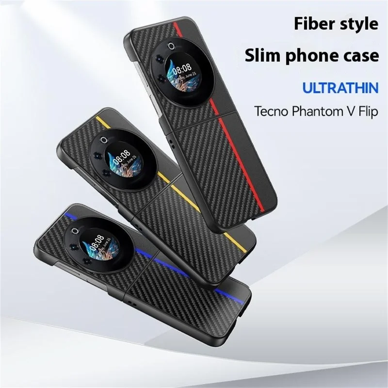 Cover per TECNO Phantom V Flip con Texture in Fibra di Carbonio, Pelle + PC Antiurto Pieghevole - Nero / Rosso