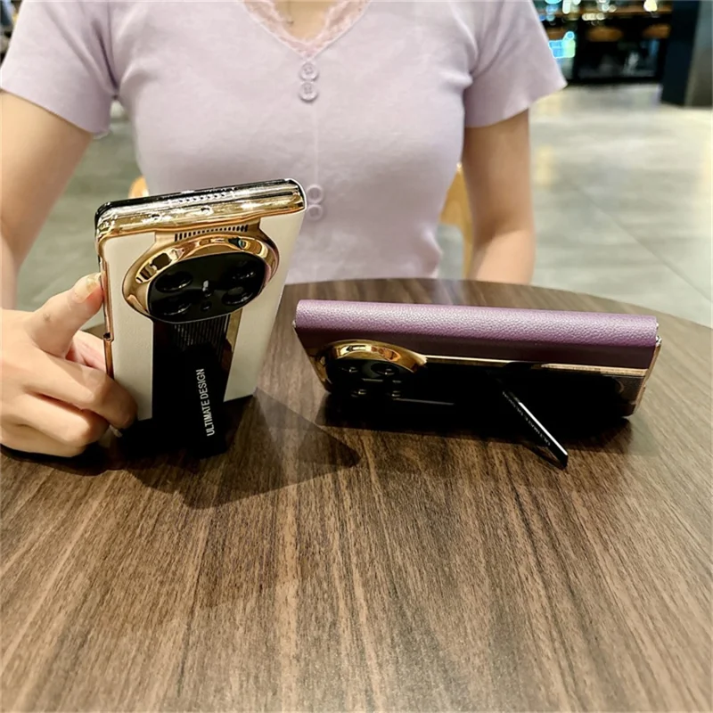 Pour Huawei Mate X6 Étui avec Support en Cuir + PC Coque de Protection pour Téléphone - Blanc