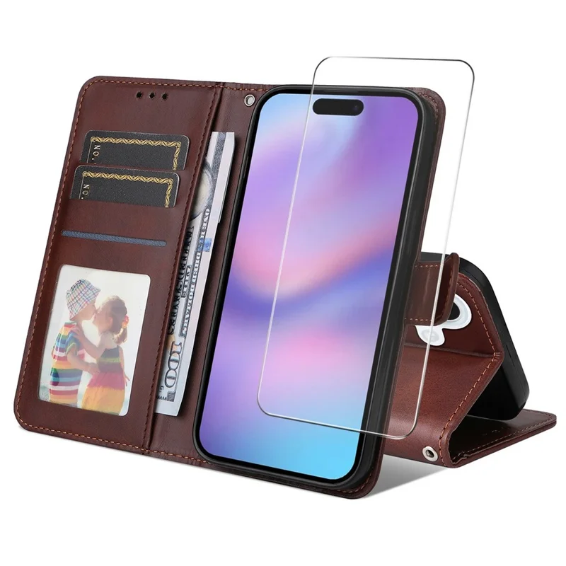 ENKAY HAT PRINCE Чехол-кошелек из телячьей кожи для iPhone 17 с подставкой и толстой защитной пленкой / Ремешок - Коричневый