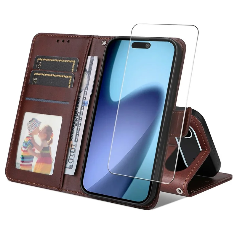 ENKAY HAT PRINCE Для iPhone 17 Чехол-кошелек из кожи с текстурой теленка, подставка для телефона с толстой защитной пленкой / Ремешок - Коричневый