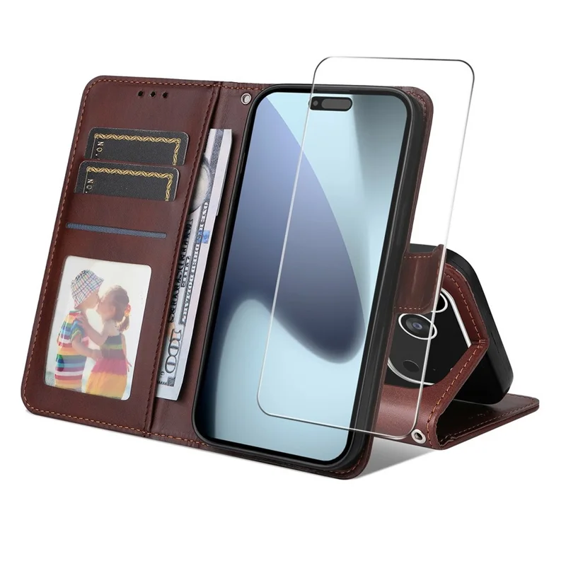 ENKAY HAT PRINCE Pour iPhone 17 Pro Étui Portefeuille en Cuir de Veau Texture Support de Téléphone avec Film de Protection Écran Épais / Lanière - Marron