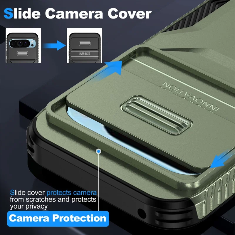 Pour Google Pixel 10 Pro / Pixel 9 Pro Étui Camshield TPU + PC Coque de téléphone Bords antidérapants - Vert