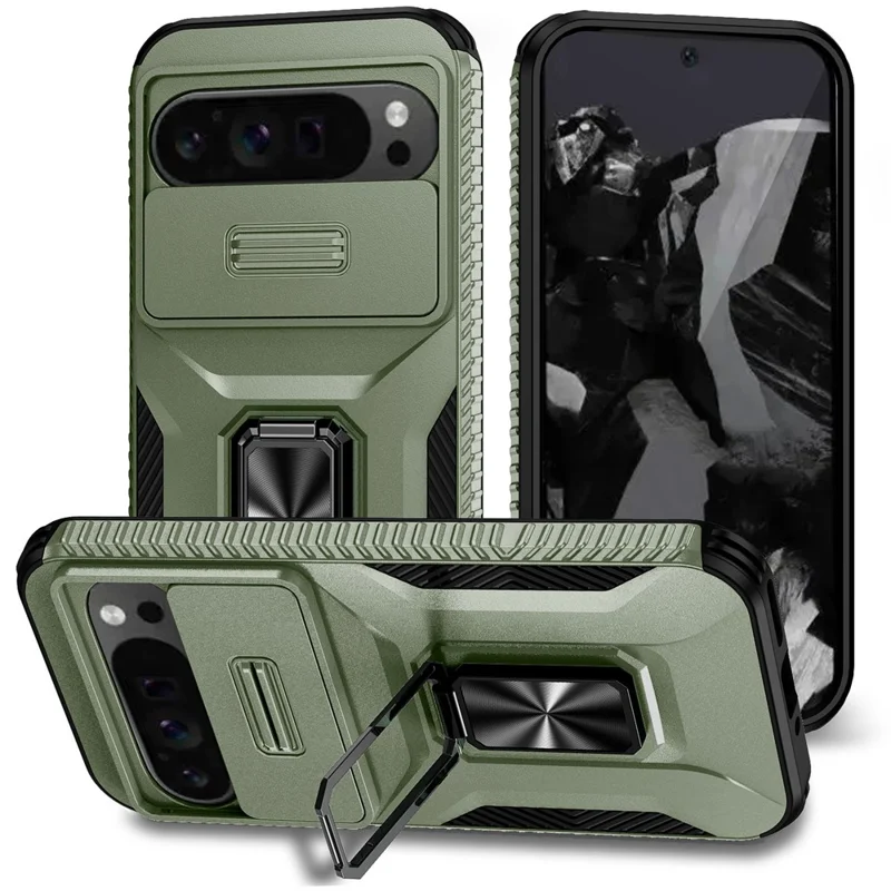 Pour Google Pixel 10 Pro XL / Pixel 9 Pro XL Étui Camshield Support Kickstand TPU + PC Anti-Dérapant Coque de Téléphone - Vert