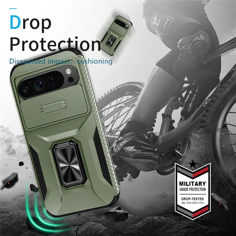 Pour Google Pixel 10 Pro XL / Pixel 9 Pro XL Étui Camshield Support Kickstand TPU + PC Anti-Dérapant Coque de Téléphone - Vert