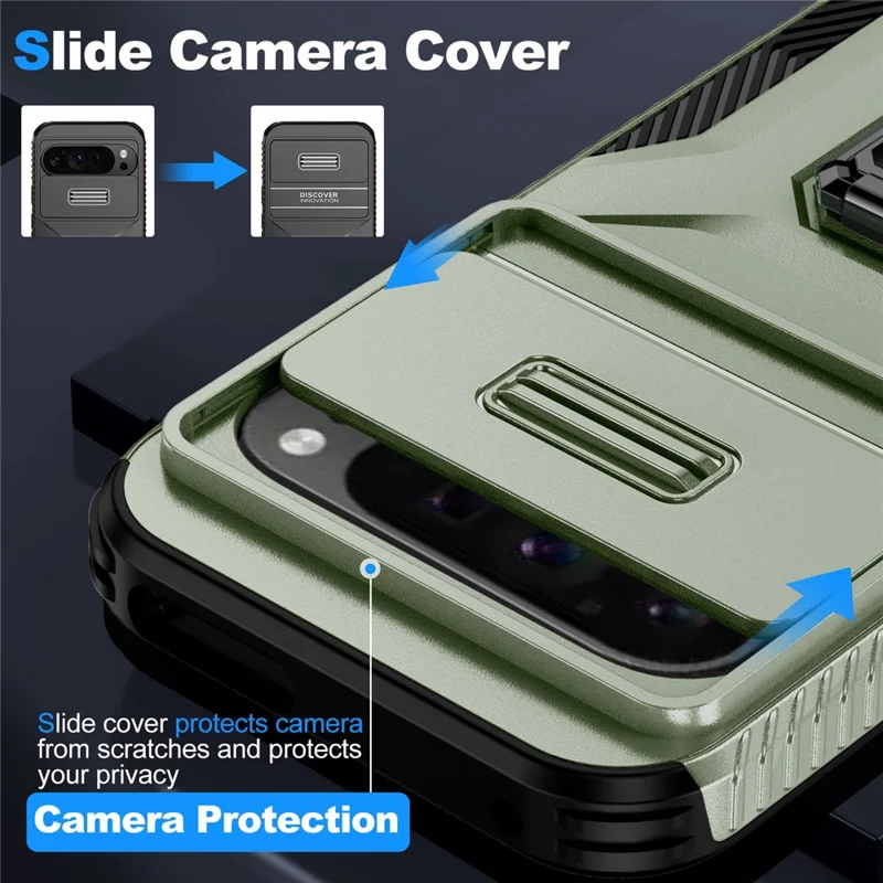 Pour Google Pixel 10 Pro XL / Pixel 9 Pro XL Étui Camshield Support Kickstand TPU + PC Anti-Dérapant Coque de Téléphone - Vert