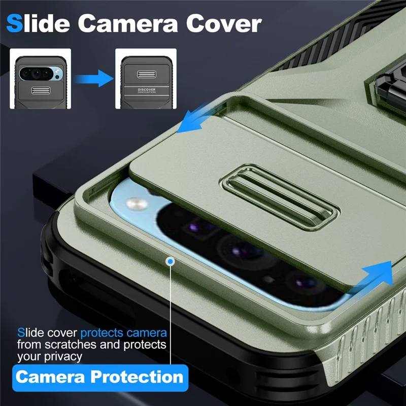For Google Pixel 10 Pro / Pixel 9 / 9 Pro Case Camshield Kickstand TPU + PC Anti-Slip Phone Cover - Green