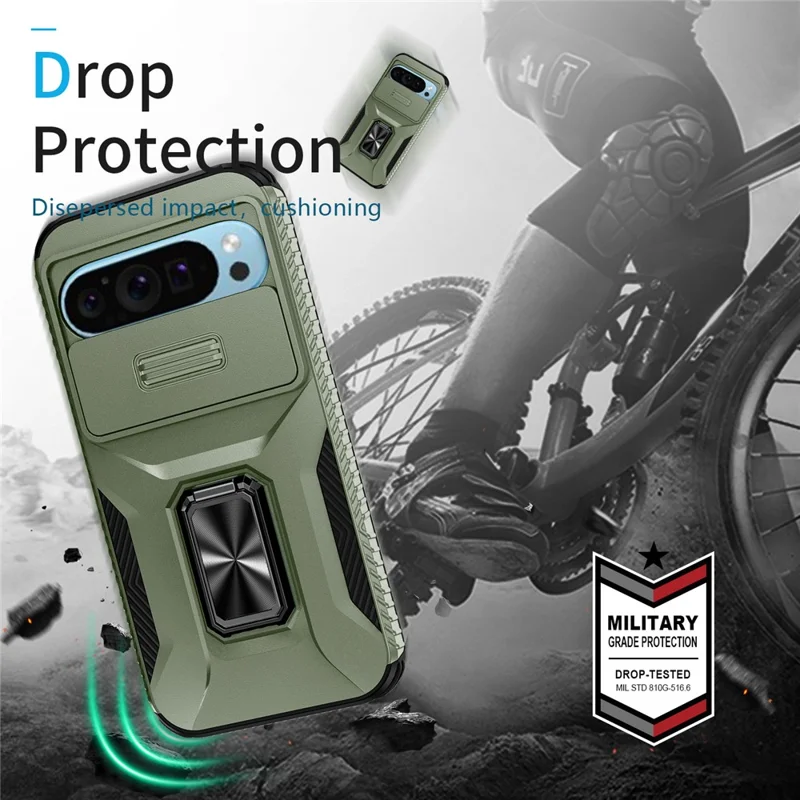 For Google Pixel 10 Pro / Pixel 9 / 9 Pro Case Camshield Kickstand TPU + PC Anti-Slip Phone Cover - Green