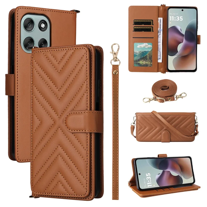 Capa para Motorola Moto G56 5G com Alça de Ombro / Pulso, Couro, Suporte de Carteira - Marrom